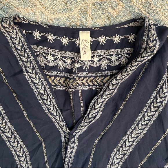 Elan Blue and White Wrap Blouse with Bell Sleeves and 3/4 Sleeve Length - Picture 3 of 4